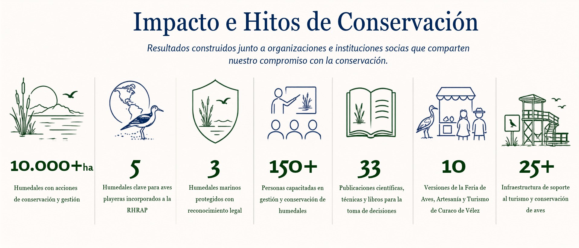 Impacto e Hitos de Conservación. Resultados construidos junto a organizaciones e instituciones socias que comparten nuestro compromiso con la conservación: 10.000+ ha de humedales con acciones de conservación y gestión · 5 humedales clave para aves playeras incorporados a la RHRAP · 3 humedales marinos protegidos con reconocimiento legal · 150+ personas capacitadas en gestión y conservación de humedales · 33 publicaciones científicas, técnicas y libros · 10 versiones de la Feria de Aves, Artesanía y Turismo de Curaco de Vélez · 25+ infraestructura de soporte al turismo y conservación de aves